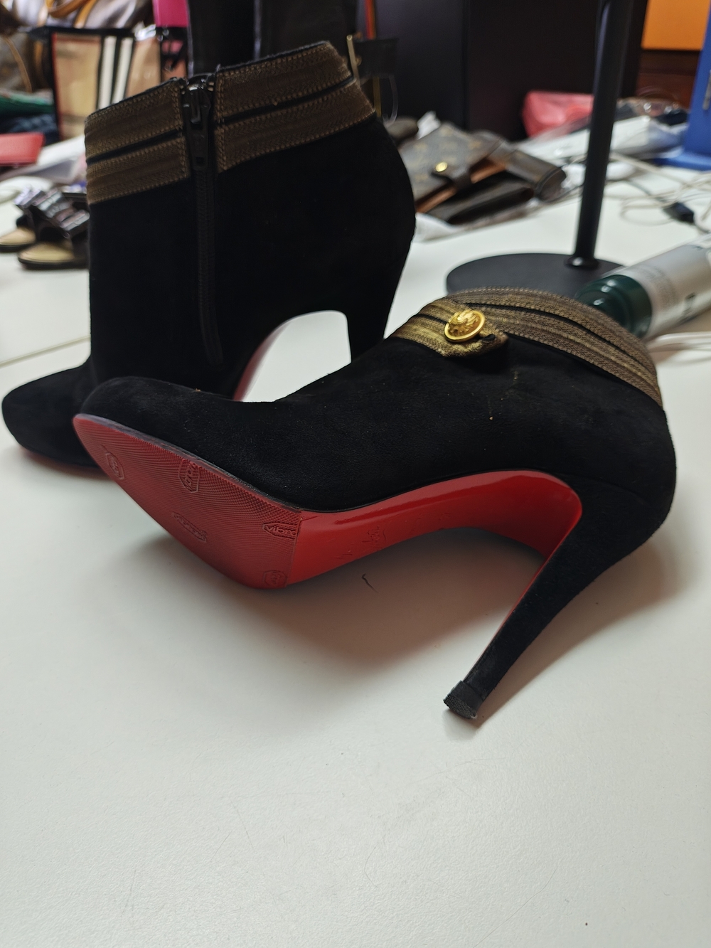 Christian Louboitin Black Suede Ankle Booties with Red Soles